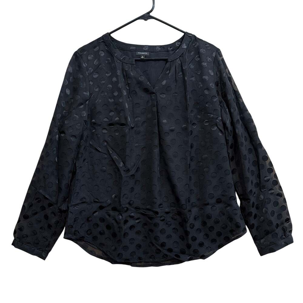 Talbots Womens Blouse Black Polka Dot Sheer Long Sleeve V Neck Lined Medium